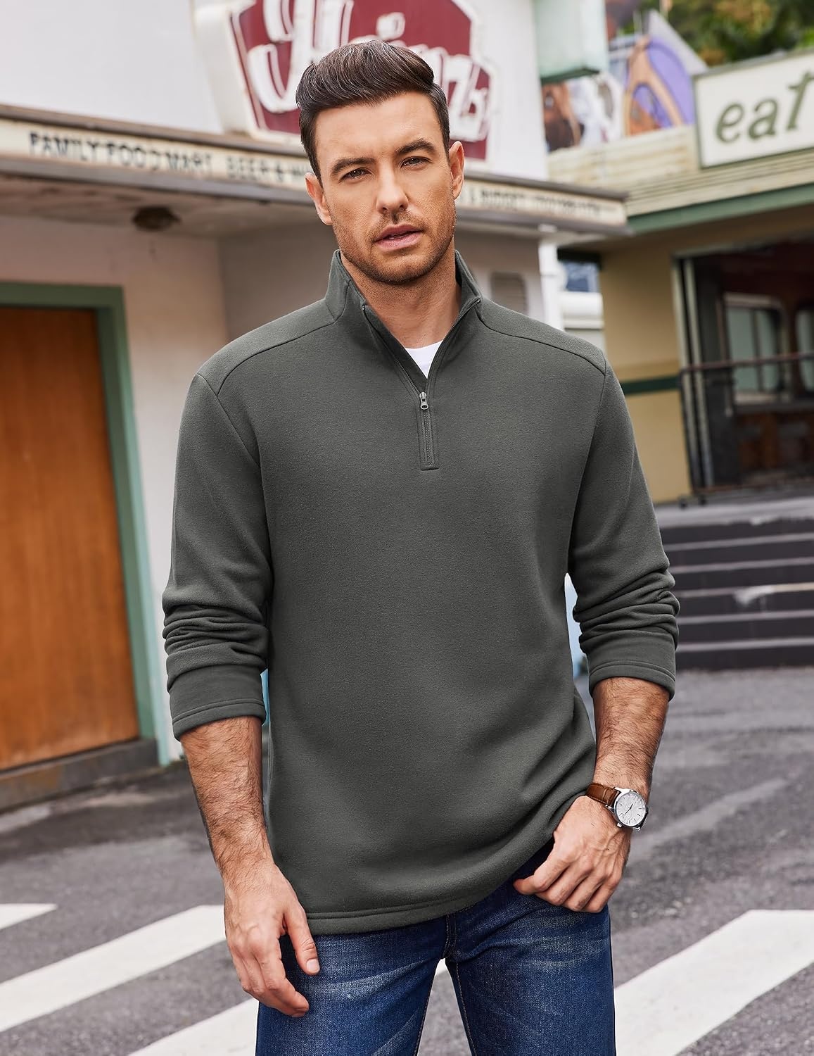 image:imageCOOFANDY Mens Quarter Zip Cotton Pullover Mock Neck Casual SweatshirtDark Grey