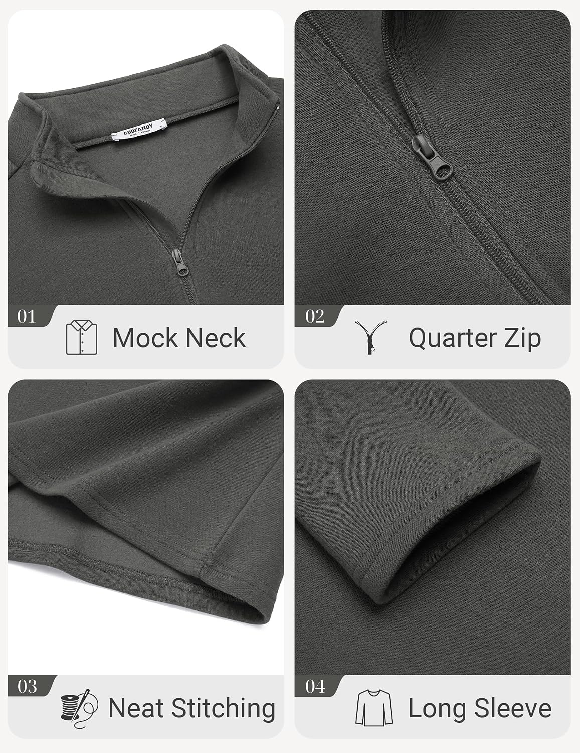image:imageCOOFANDY Mens Quarter Zip Cotton Pullover Mock Neck Casual SweatshirtDark Grey