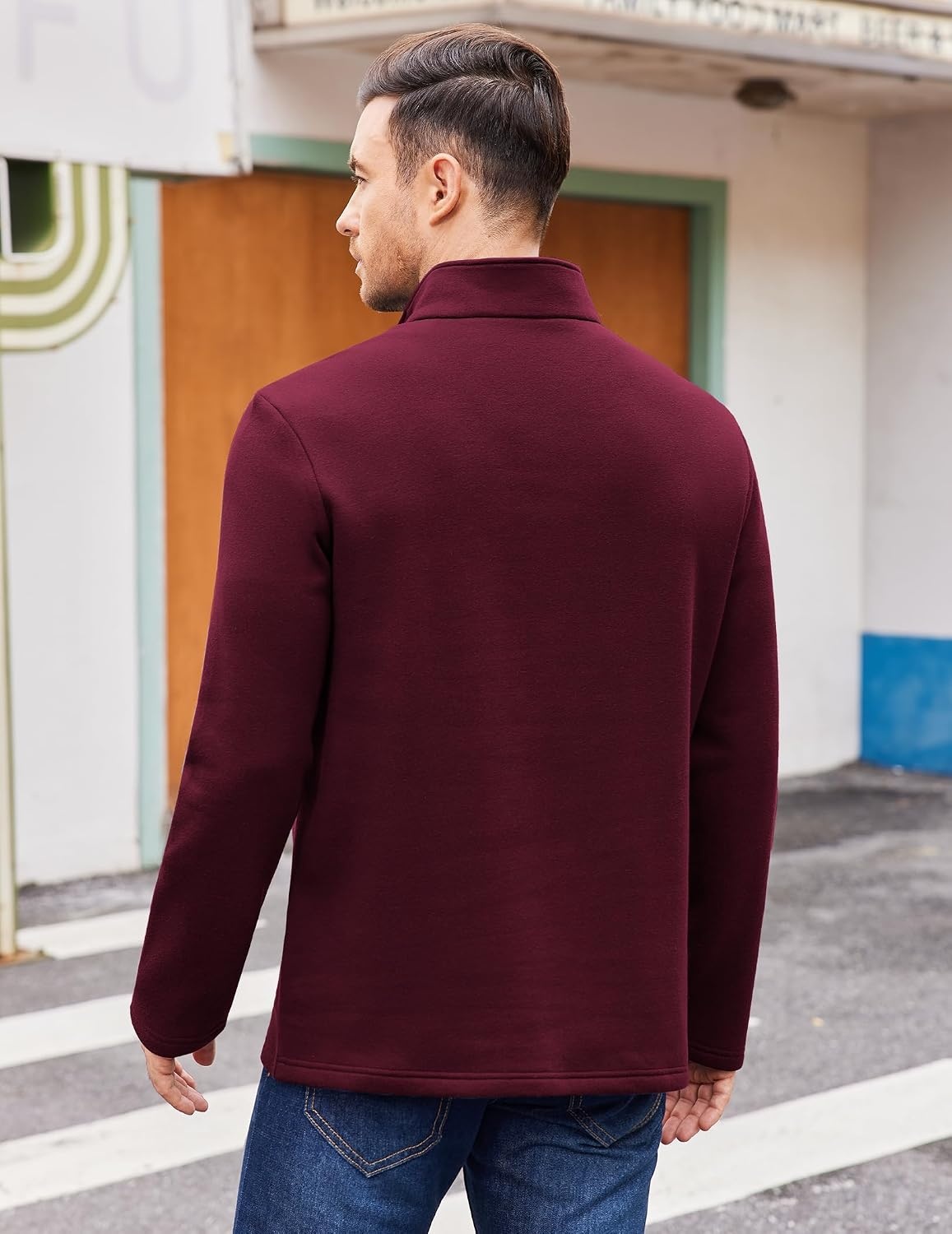 image:imageCOOFANDY Mens Quarter Zip Cotton Pullover Mock Neck Casual SweatshirtDark Red