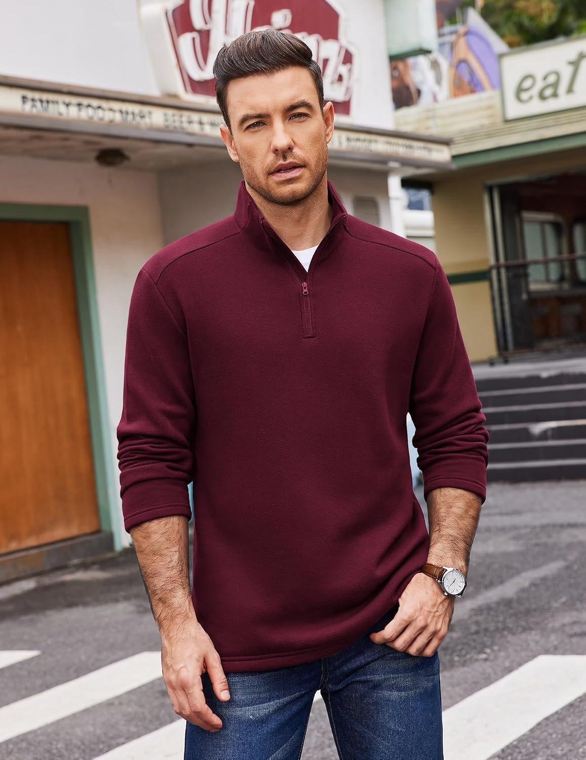 image:imageCOOFANDY Mens Quarter Zip Cotton Pullover Mock Neck Casual SweatshirtDark Red