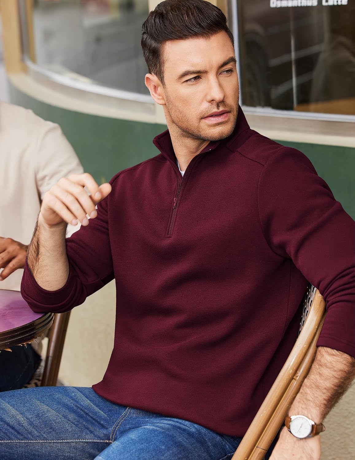 image:imageCOOFANDY Mens Quarter Zip Cotton Pullover Mock Neck Casual SweatshirtDark Red