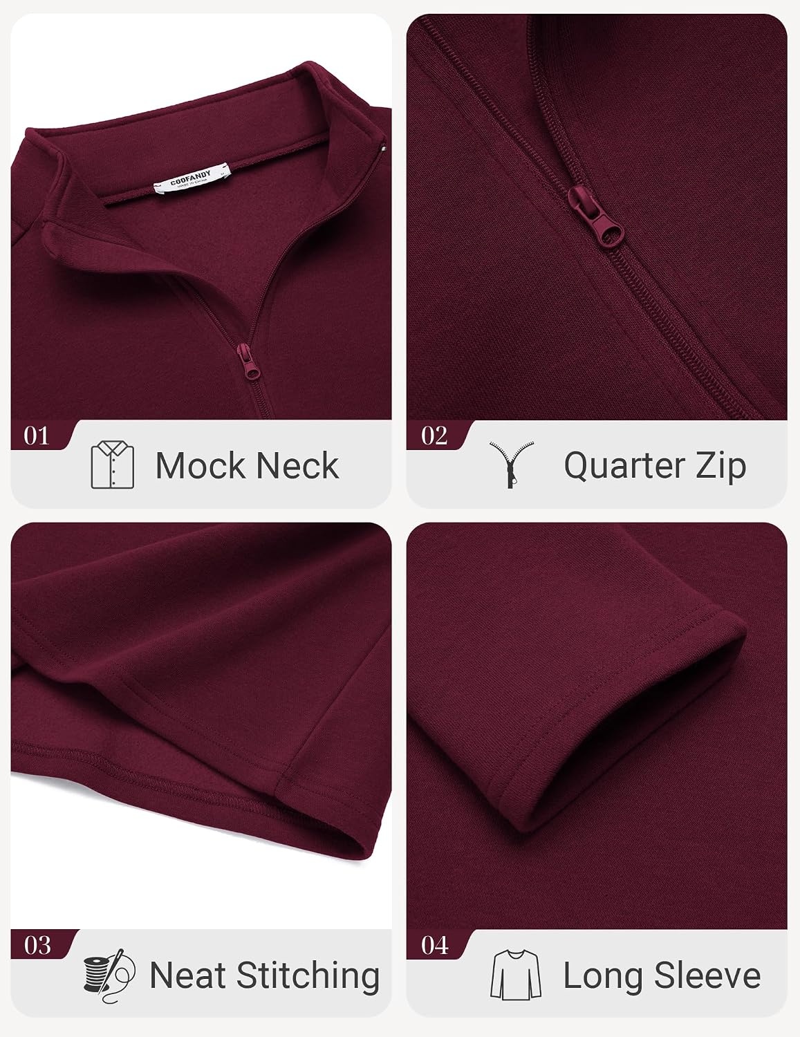 image:imageCOOFANDY Mens Quarter Zip Cotton Pullover Mock Neck Casual SweatshirtDark Red