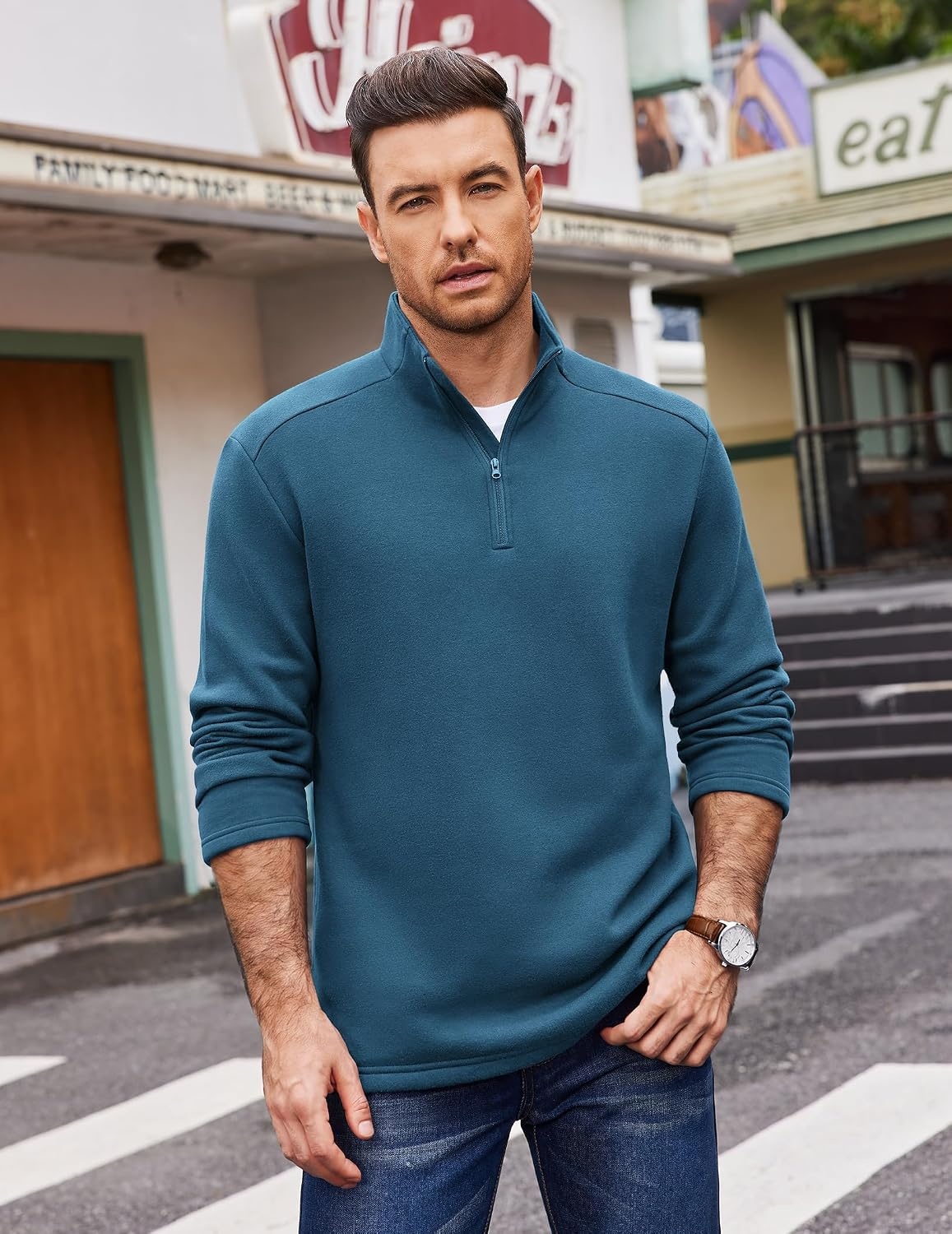 image:imageCOOFANDY Mens Quarter Zip Cotton Pullover Mock Neck Casual SweatshirtGrey Blue