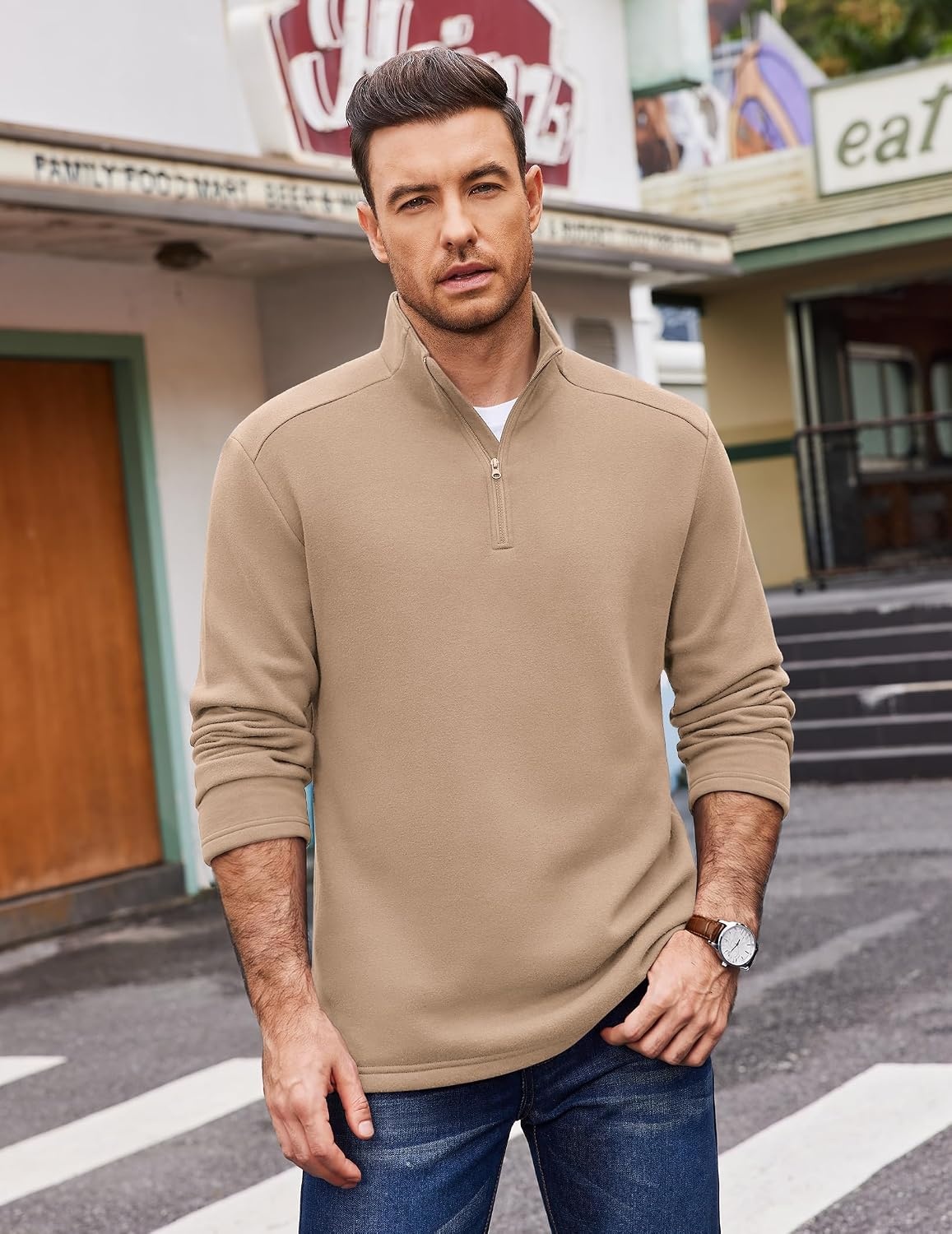 image:imageCOOFANDY Mens Quarter Zip Cotton Pullover Mock Neck Casual SweatshirtKhaki