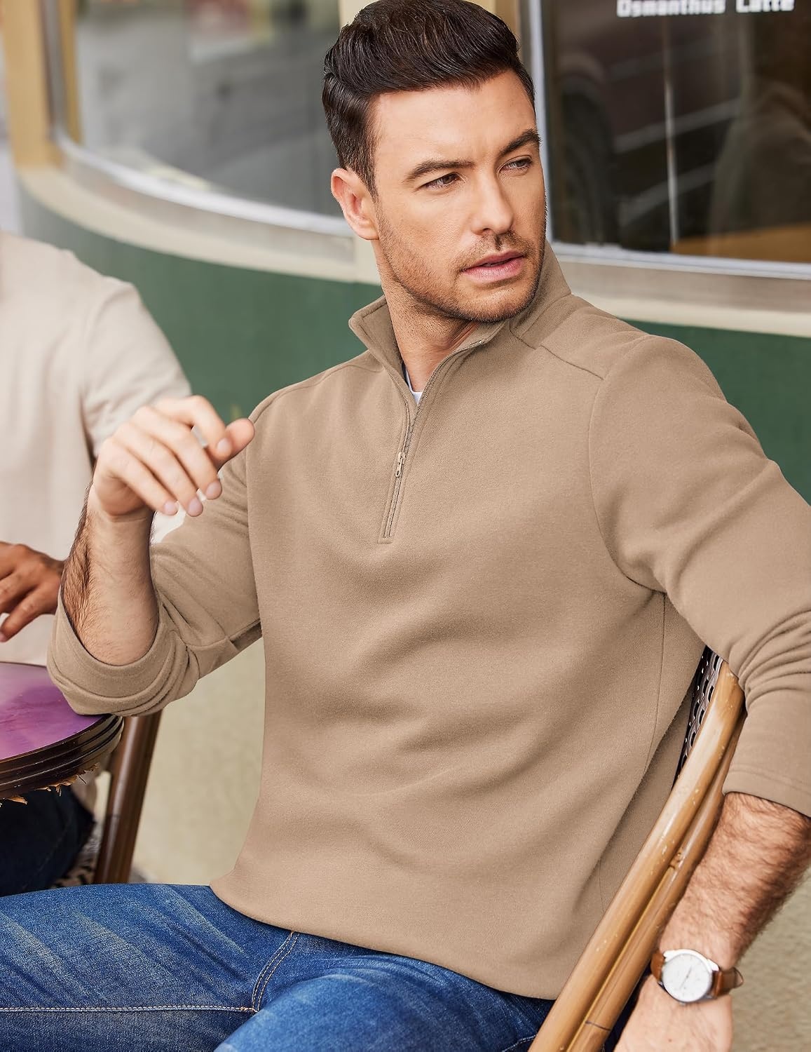 image:imageCOOFANDY Mens Quarter Zip Cotton Pullover Mock Neck Casual SweatshirtKhaki