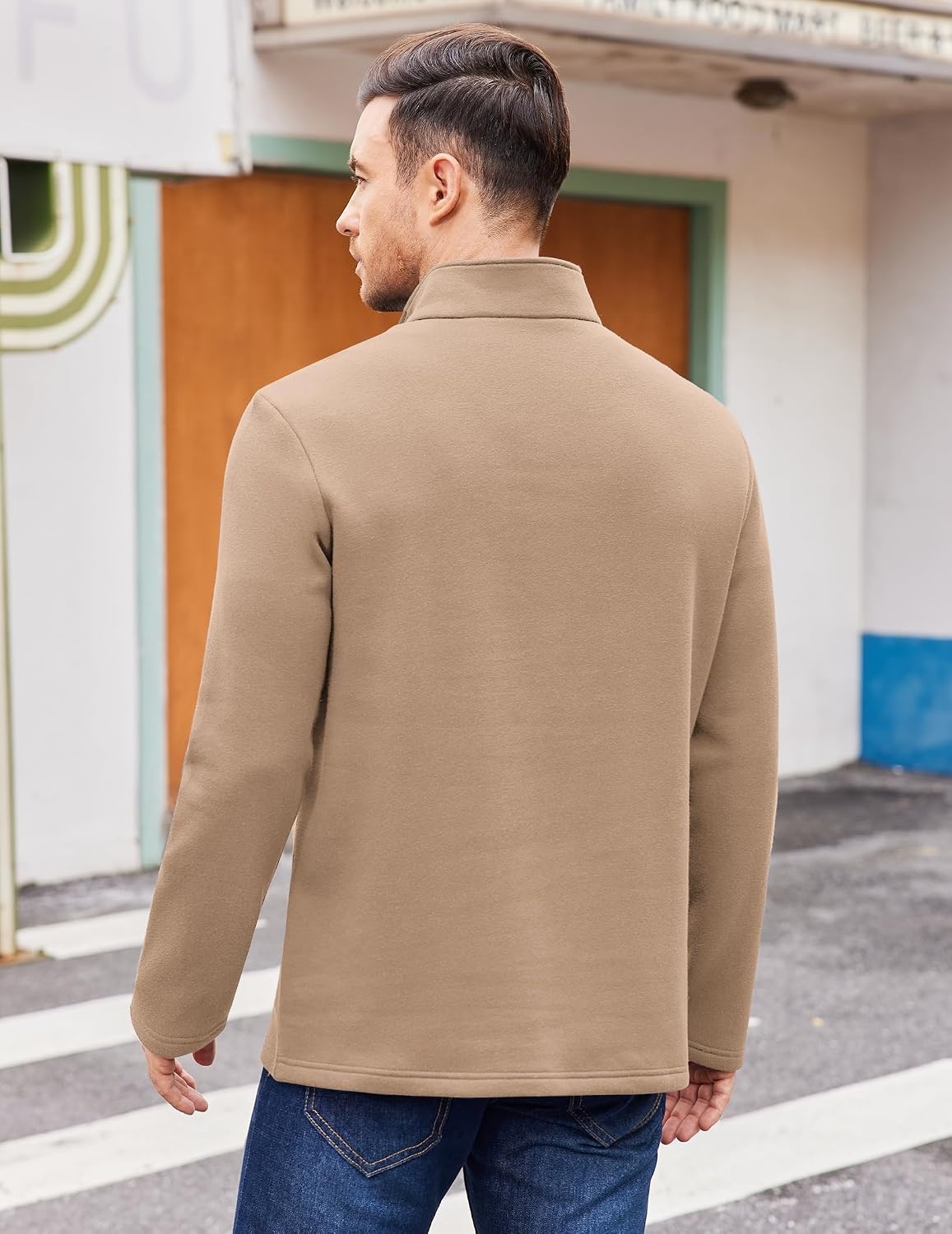 image:imageCOOFANDY Mens Quarter Zip Cotton Pullover Mock Neck Casual SweatshirtKhaki