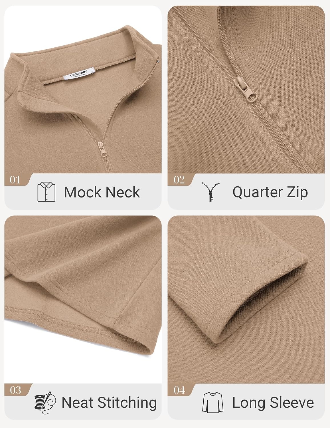 image:imageCOOFANDY Mens Quarter Zip Cotton Pullover Mock Neck Casual SweatshirtKhaki