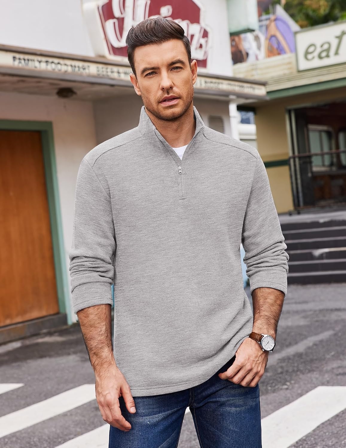 image:imageCOOFANDY Mens Quarter Zip Cotton Pullover Mock Neck Casual SweatshirtLight Grey