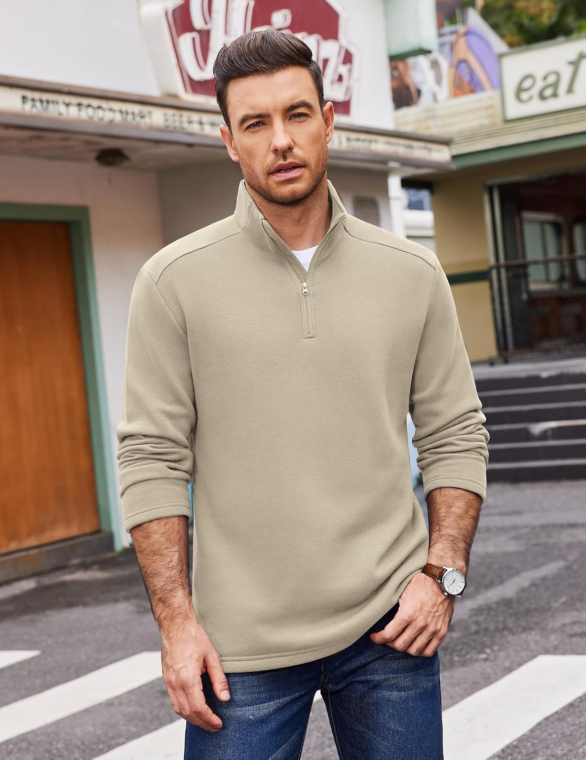 image:imageCOOFANDY Mens Quarter Zip Cotton Pullover Mock Neck Casual SweatshirtMoon Grey