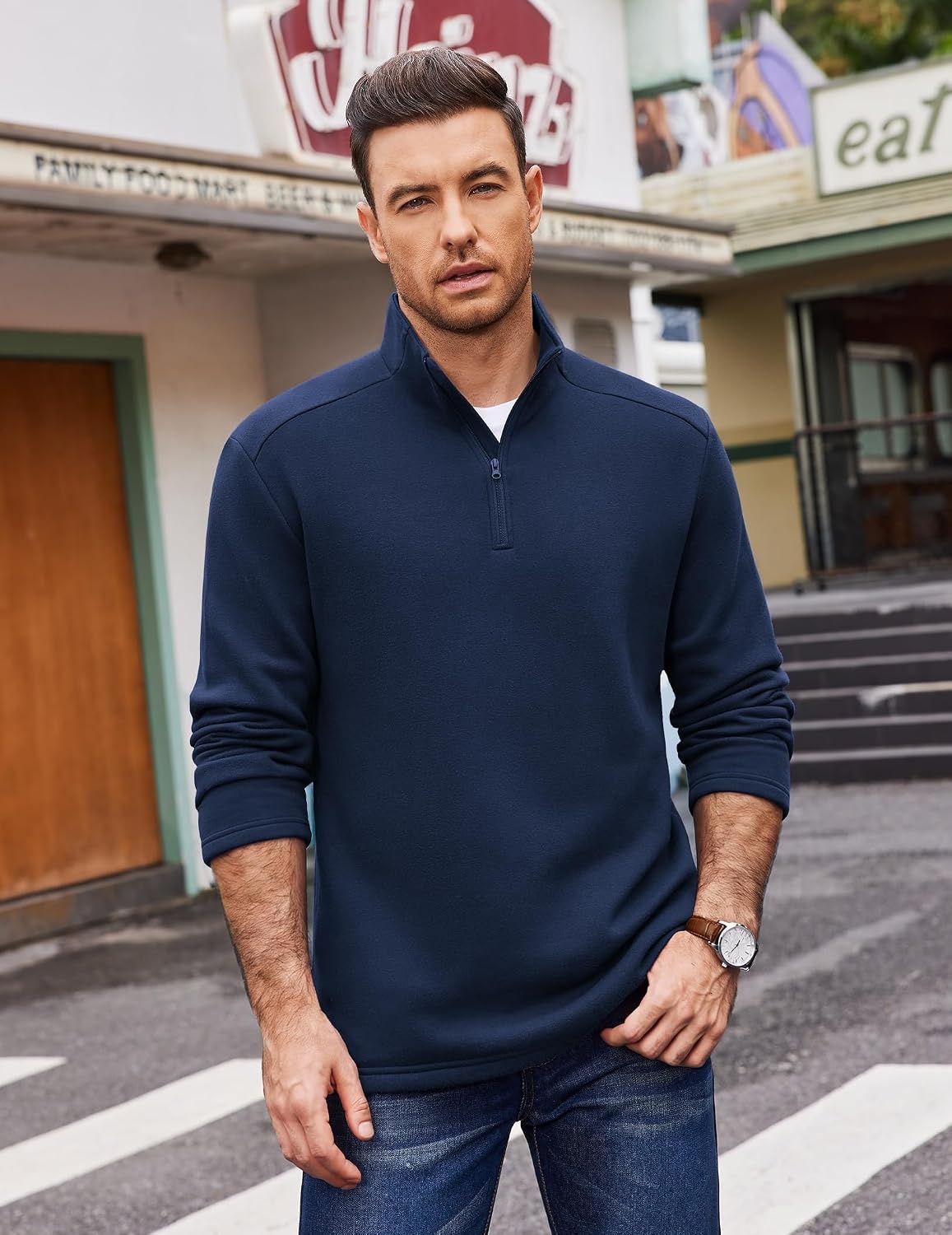 image:imageCOOFANDY Mens Quarter Zip Cotton Pullover Mock Neck Casual SweatshirtNavy Blue