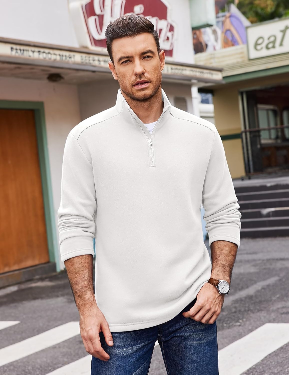 image:imageCOOFANDY Mens Quarter Zip Cotton Pullover Mock Neck Casual SweatshirtWhite