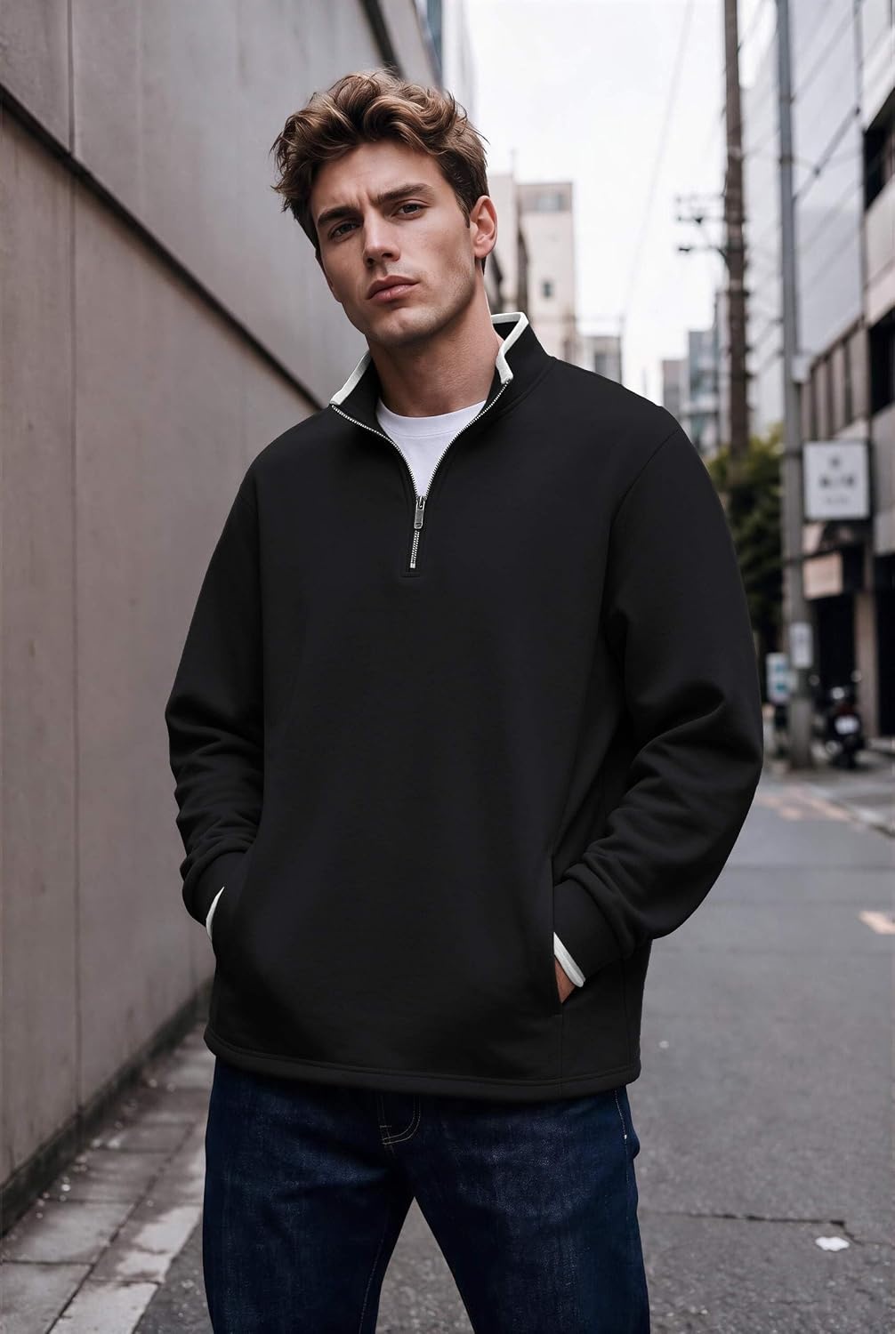 image:imageCOOFANDY Mens Quarter Zip Pullover Fleece Mock Neck Casual Sweatshirt 2026Black