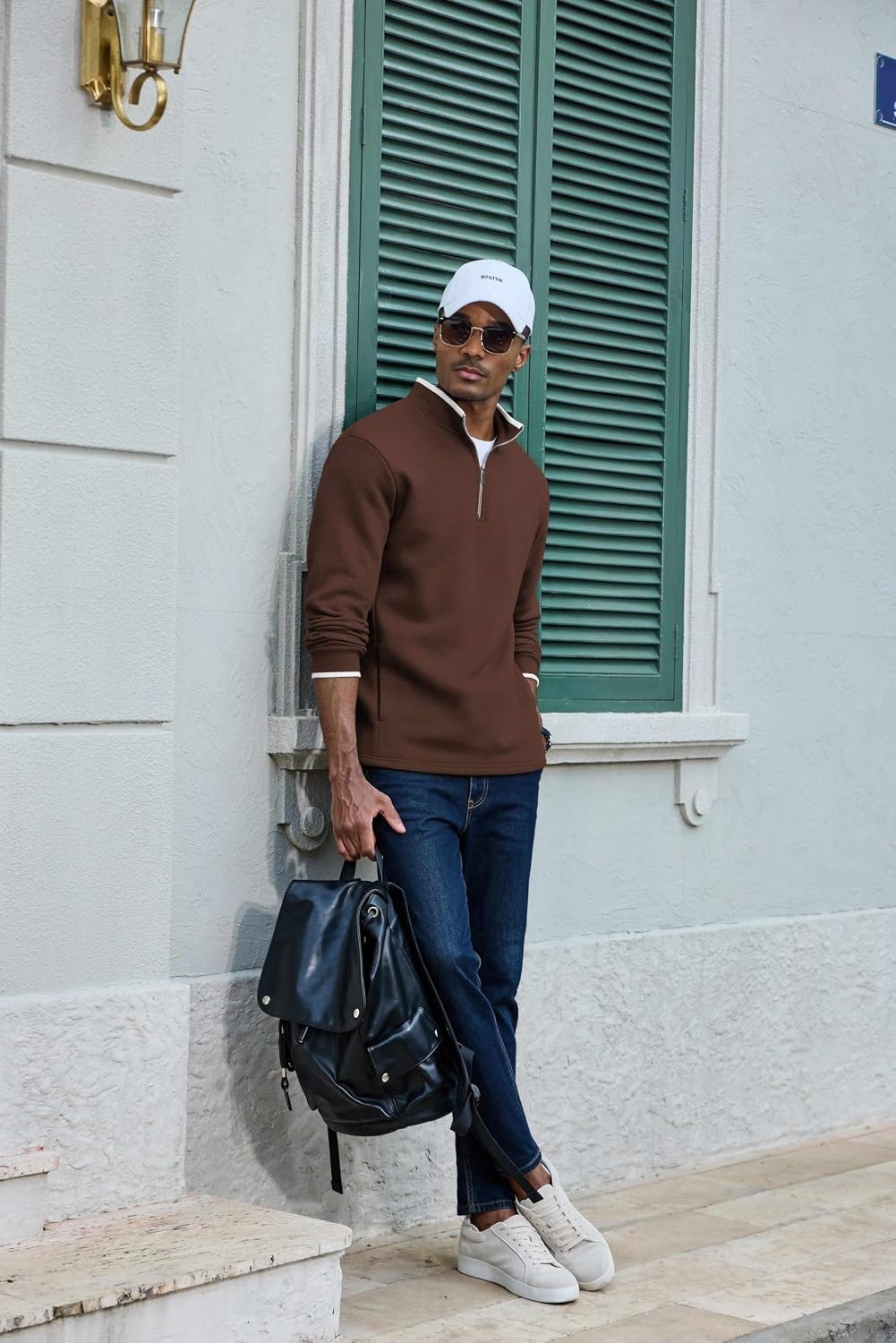 image:imageCOOFANDY Mens Quarter Zip Pullover Fleece Mock Neck Casual Sweatshirt 2026Browna