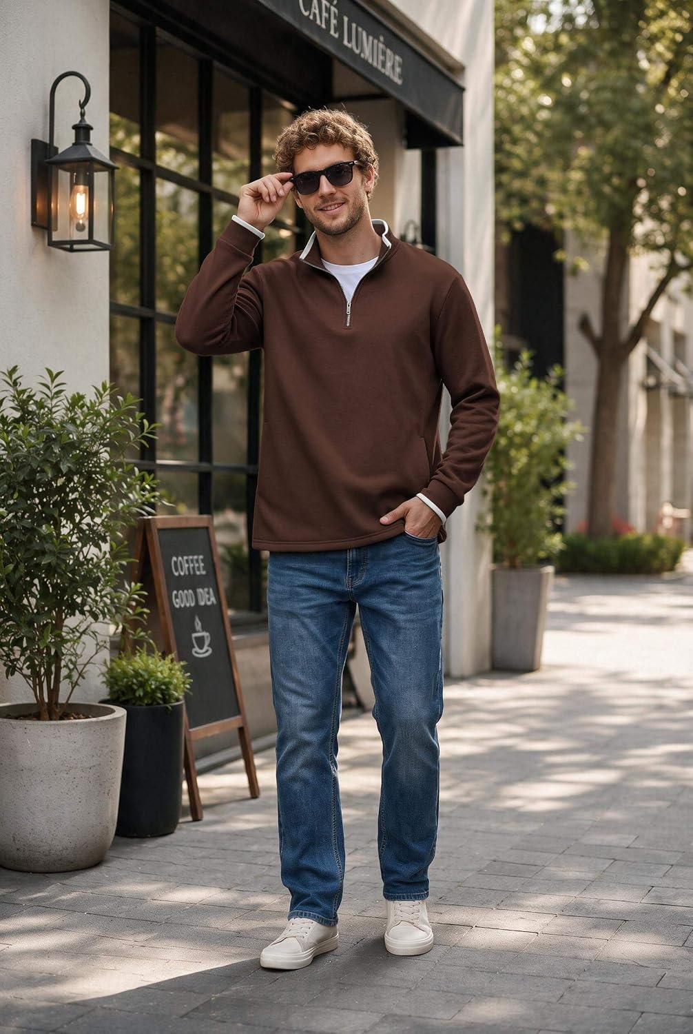 image:imageCOOFANDY Mens Quarter Zip Pullover Fleece Mock Neck Casual Sweatshirt 2026Browna