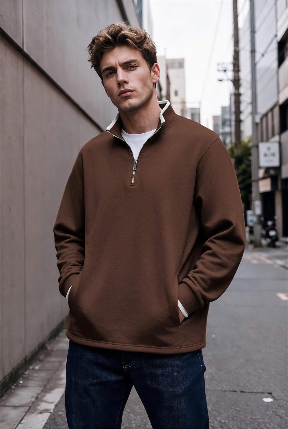 image:imageCOOFANDY Mens Quarter Zip Pullover Fleece Mock Neck Casual Sweatshirt 2026Browna