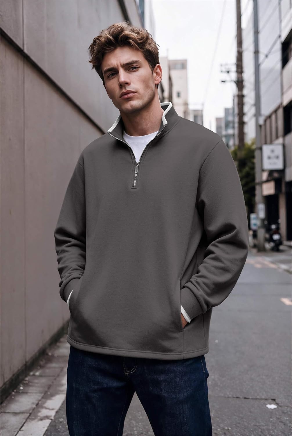 image:imageCOOFANDY Mens Quarter Zip Pullover Fleece Mock Neck Casual Sweatshirt 2026Dark Gray