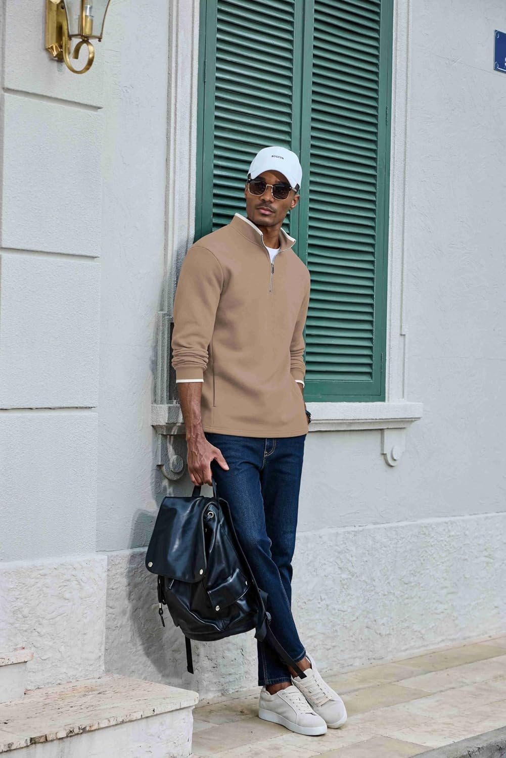 image:imageCOOFANDY Mens Quarter Zip Pullover Fleece Mock Neck Casual Sweatshirt 2026Khaki