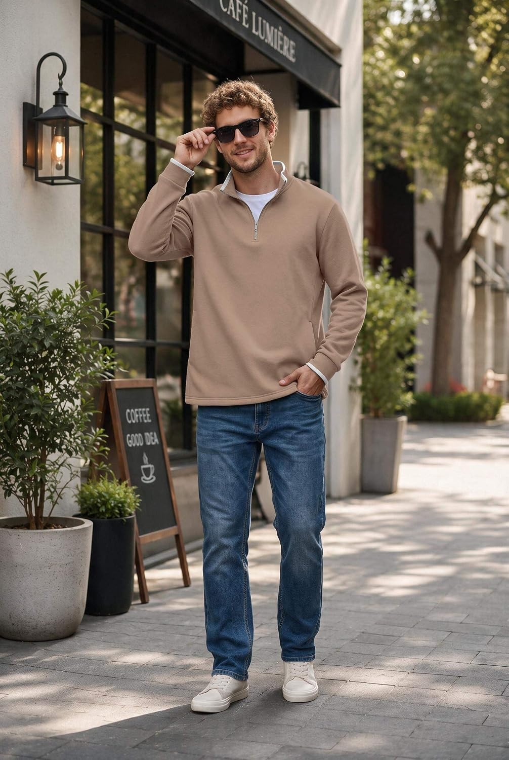 image:imageCOOFANDY Mens Quarter Zip Pullover Fleece Mock Neck Casual Sweatshirt 2026Khaki