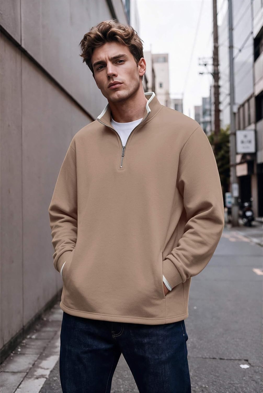 image:imageCOOFANDY Mens Quarter Zip Pullover Fleece Mock Neck Casual Sweatshirt 2026Khaki