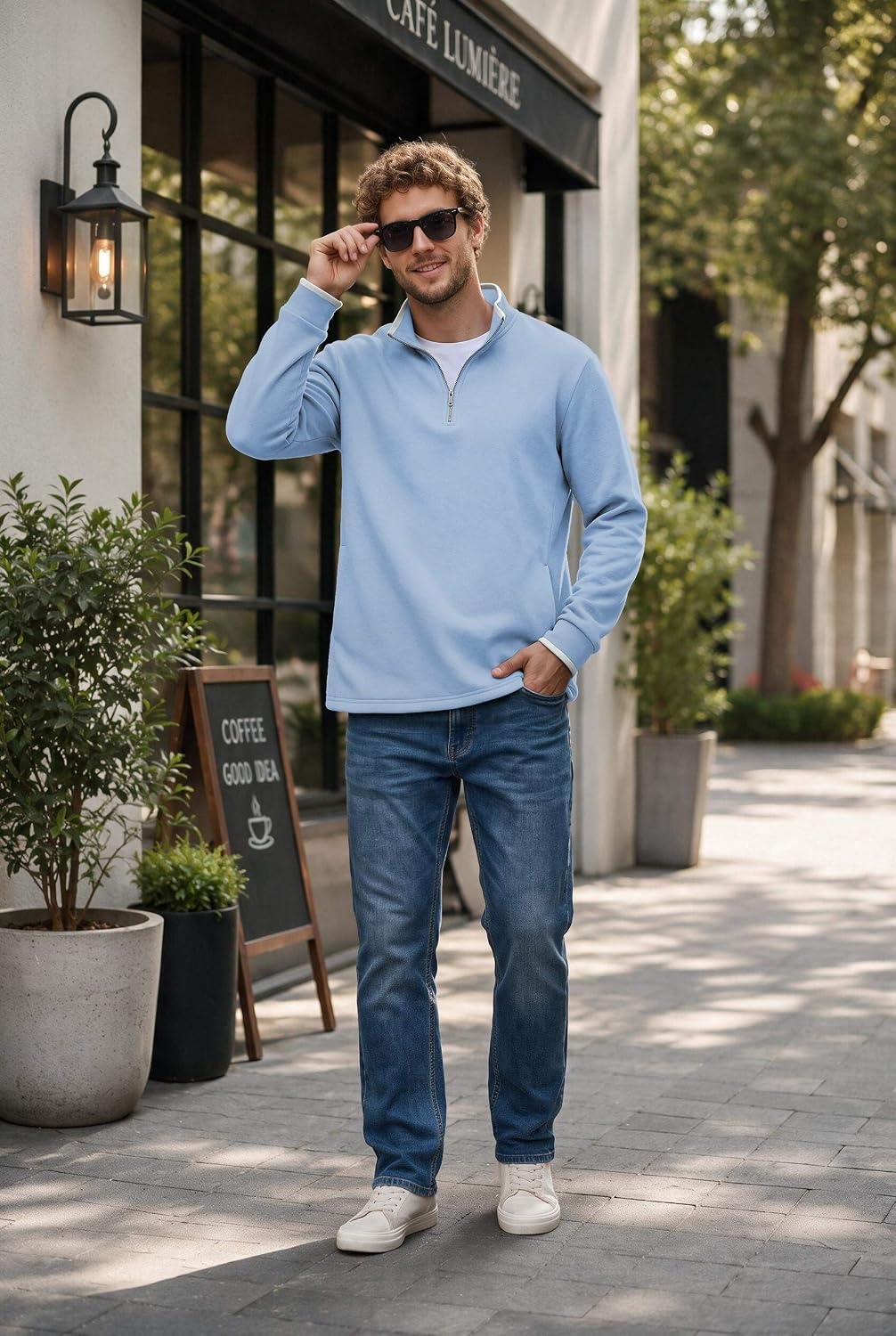 image:imageCOOFANDY Mens Quarter Zip Pullover Fleece Mock Neck Casual Sweatshirt 2026Light Blue