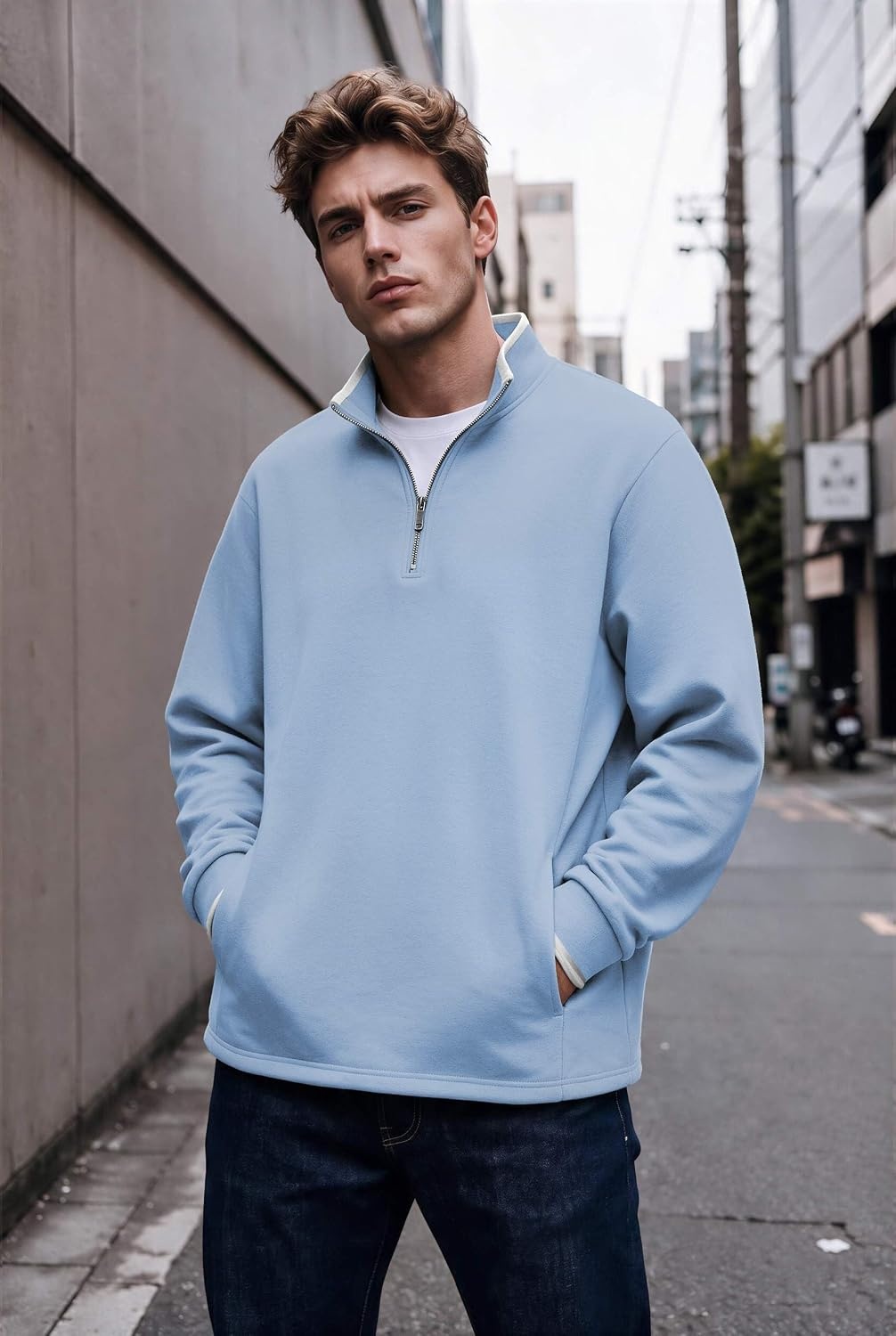 image:imageCOOFANDY Mens Quarter Zip Pullover Fleece Mock Neck Casual Sweatshirt 2026Light Blue