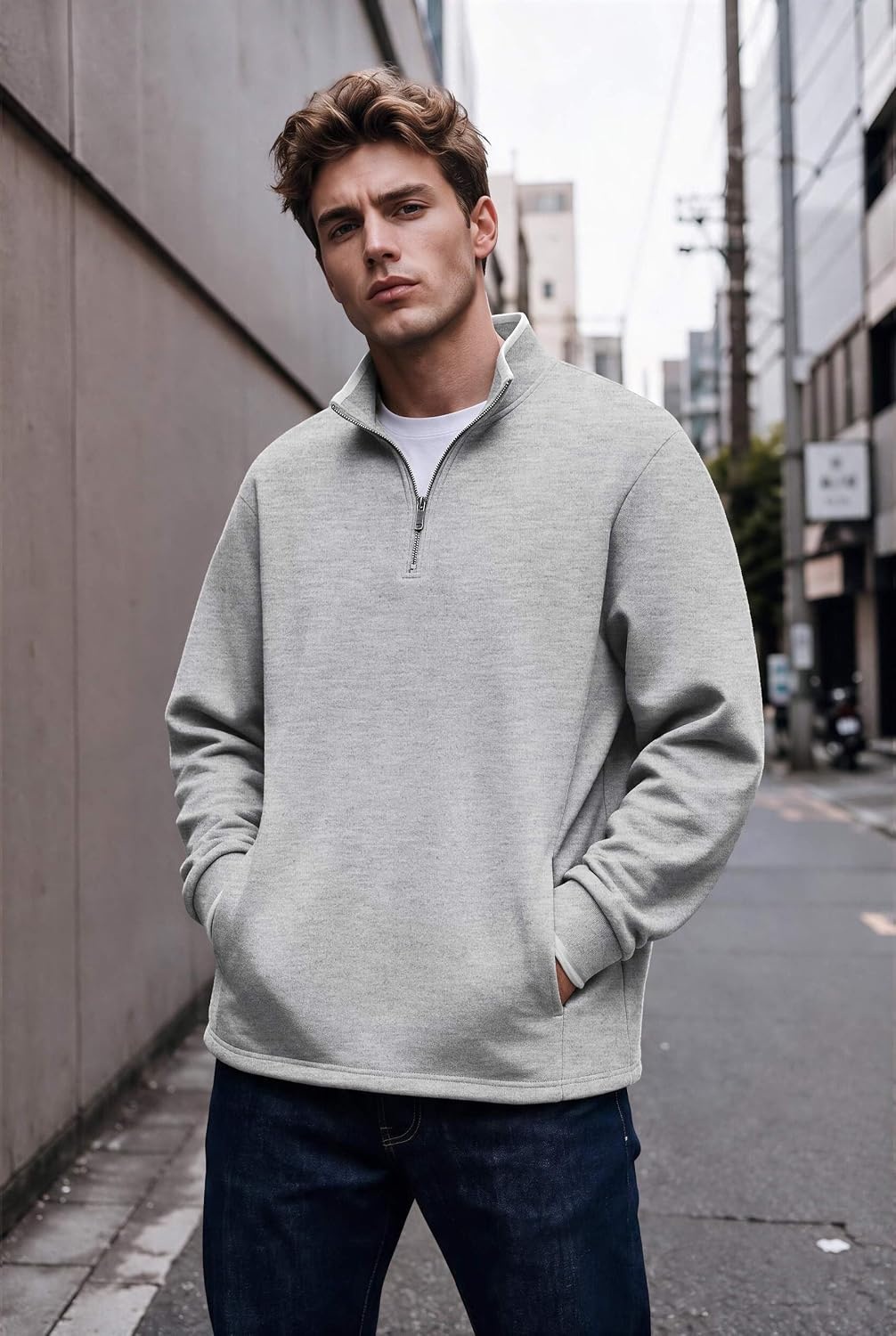 image:imageCOOFANDY Mens Quarter Zip Pullover Fleece Mock Neck Casual Sweatshirt 2026Light Grey Heather