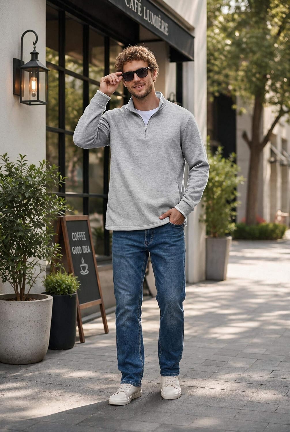 image:imageCOOFANDY Mens Quarter Zip Pullover Fleece Mock Neck Casual Sweatshirt 2026Light Grey Heather