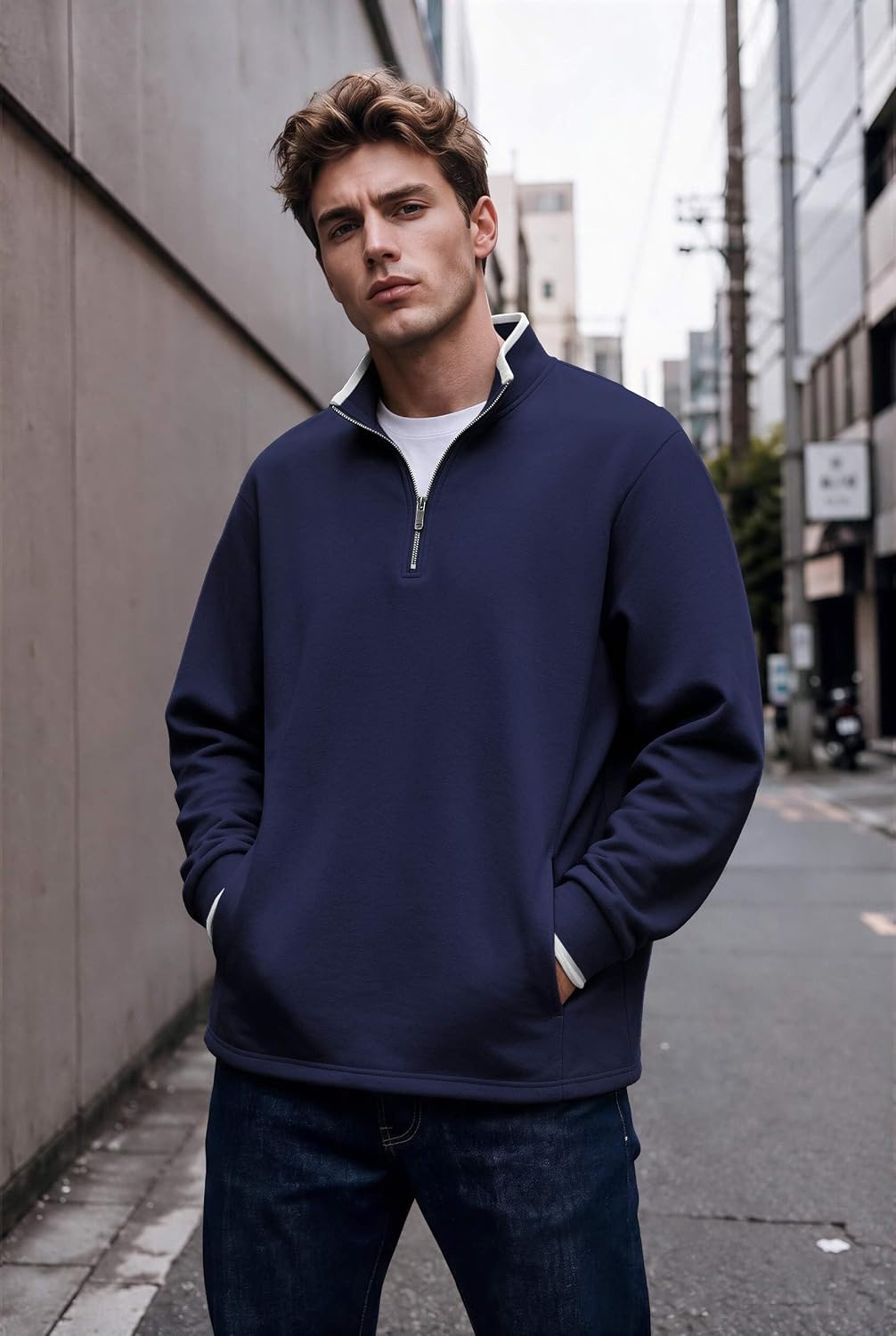 image:imageCOOFANDY Mens Quarter Zip Pullover Fleece Mock Neck Casual Sweatshirt 2026Navy Blue