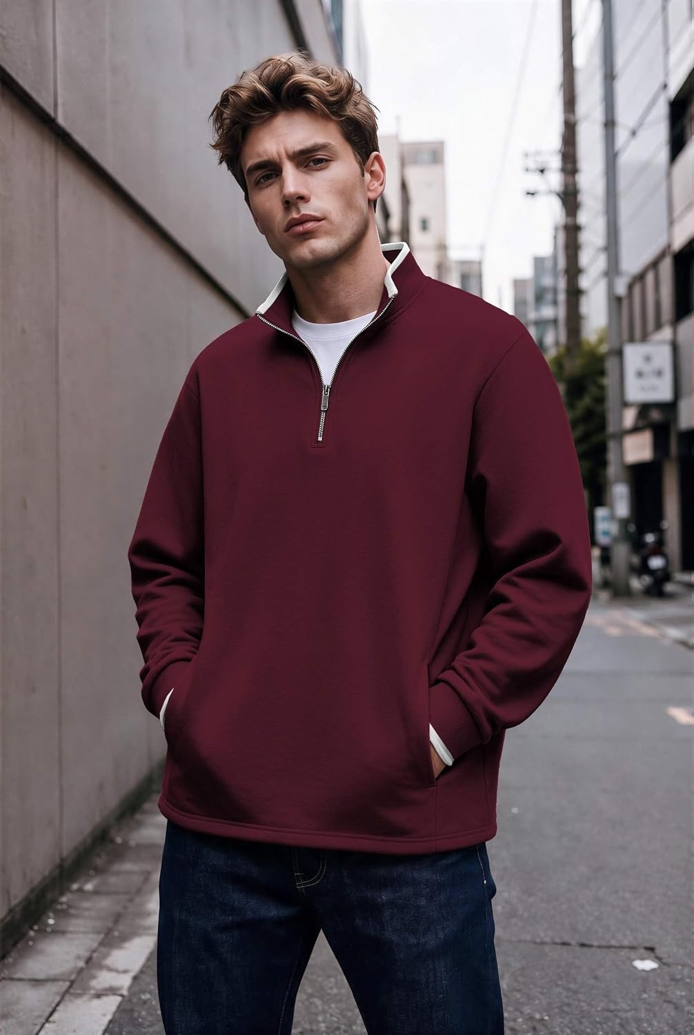 image:imageCOOFANDY Mens Quarter Zip Pullover Fleece Mock Neck Casual Sweatshirt 2026Red