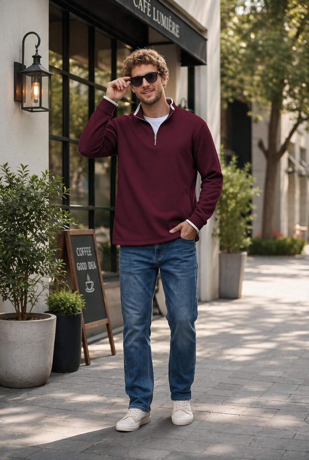 image:imageCOOFANDY Mens Quarter Zip Pullover Fleece Mock Neck Casual Sweatshirt 2026Red