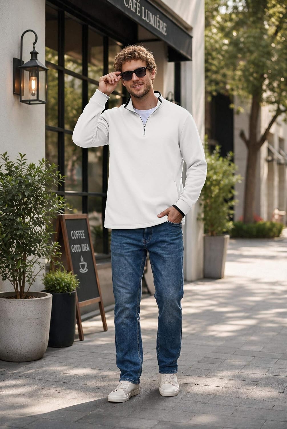 image:imageCOOFANDY Mens Quarter Zip Pullover Fleece Mock Neck Casual Sweatshirt 2026White