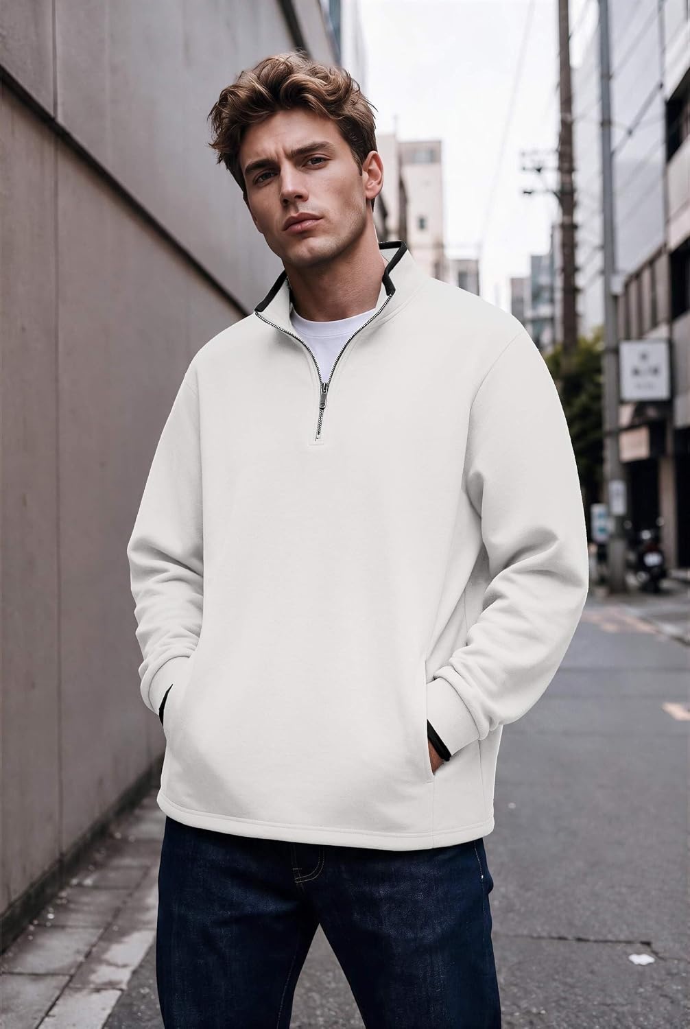 image:imageCOOFANDY Mens Quarter Zip Pullover Fleece Mock Neck Casual Sweatshirt 2026White
