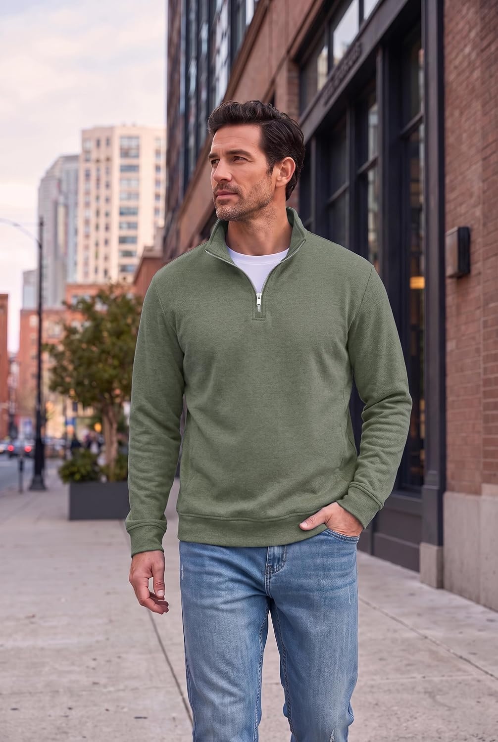 image:imageCOOFANDY Mens Quarter Zip Pullover Fleece Sweatshirt with Zipper PocketsArmy Green