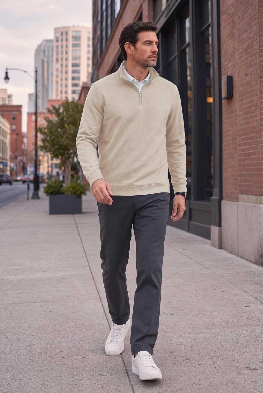 image:imageCOOFANDY Mens Quarter Zip Pullover Fleece Sweatshirt with Zipper PocketsBeige