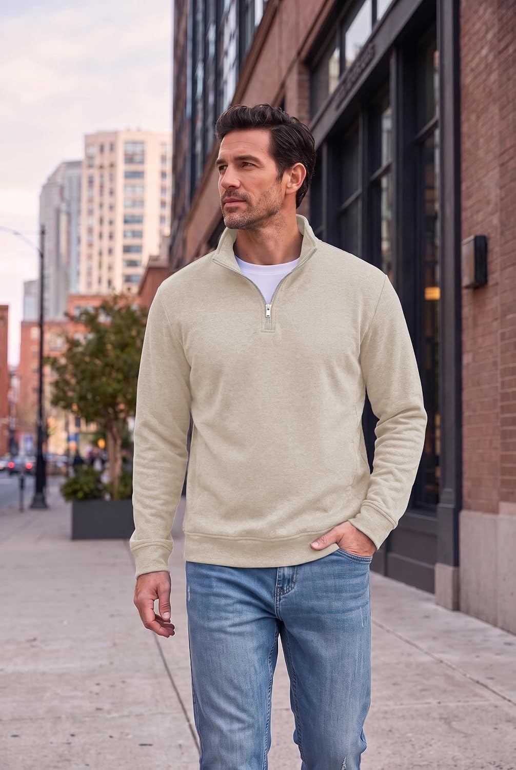 image:imageCOOFANDY Mens Quarter Zip Pullover Fleece Sweatshirt with Zipper PocketsBeige