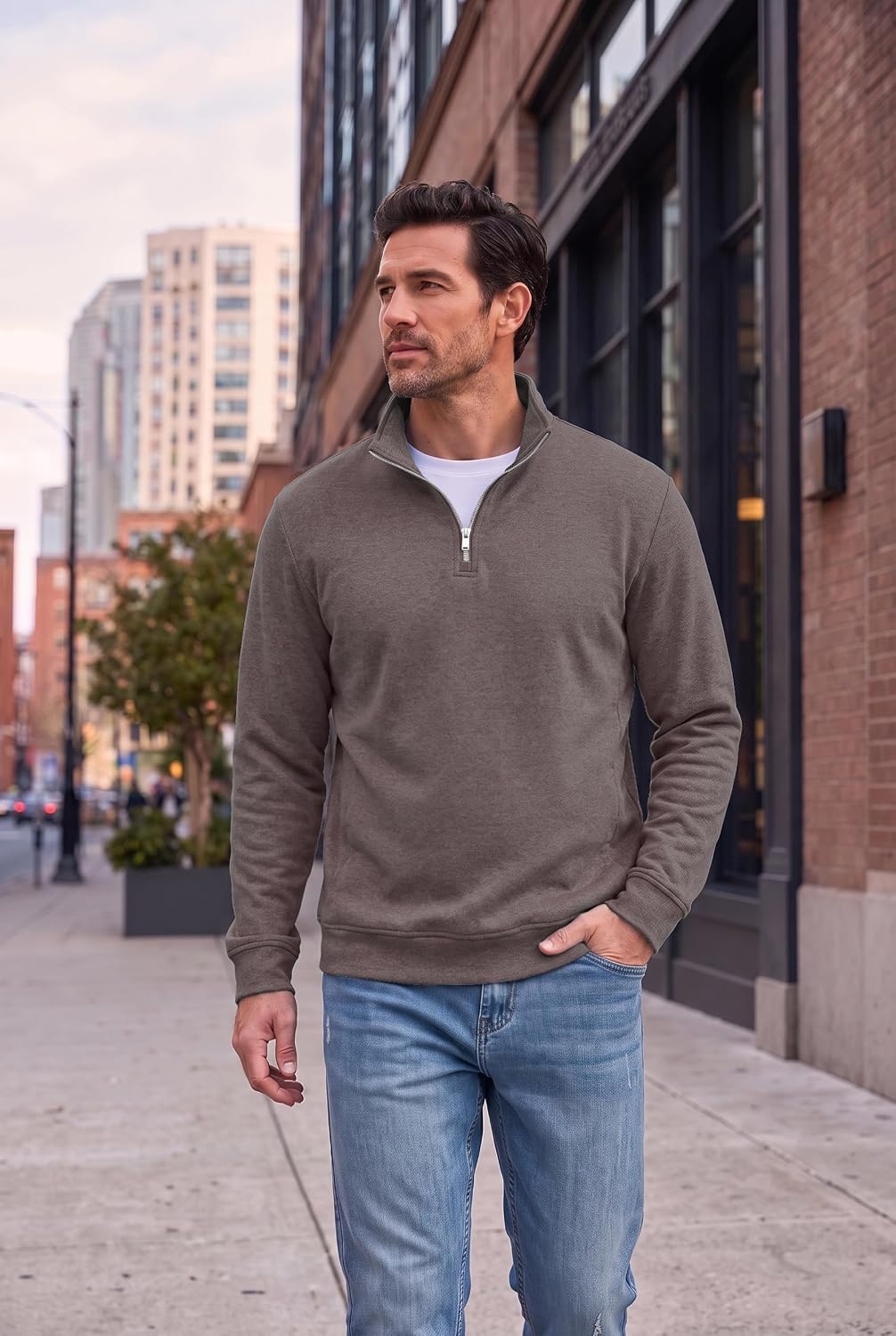 image:imageCOOFANDY Mens Quarter Zip Pullover Fleece Sweatshirt with Zipper PocketsCocoa Brown