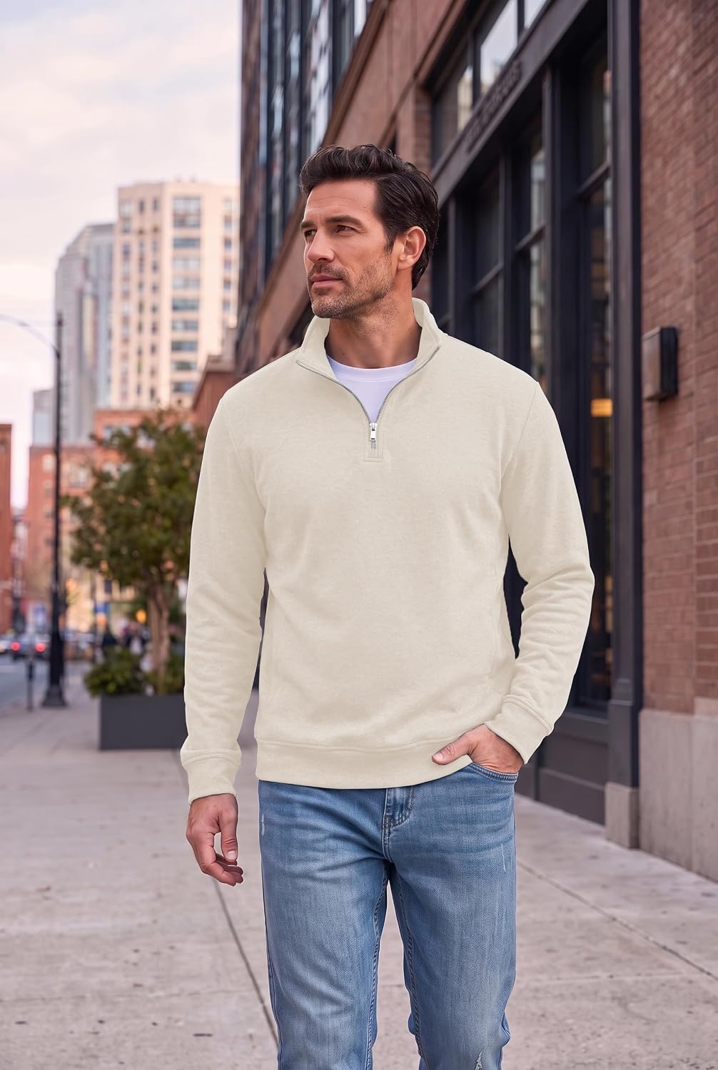 image:imageCOOFANDY Mens Quarter Zip Pullover Fleece Sweatshirt with Zipper PocketsCream