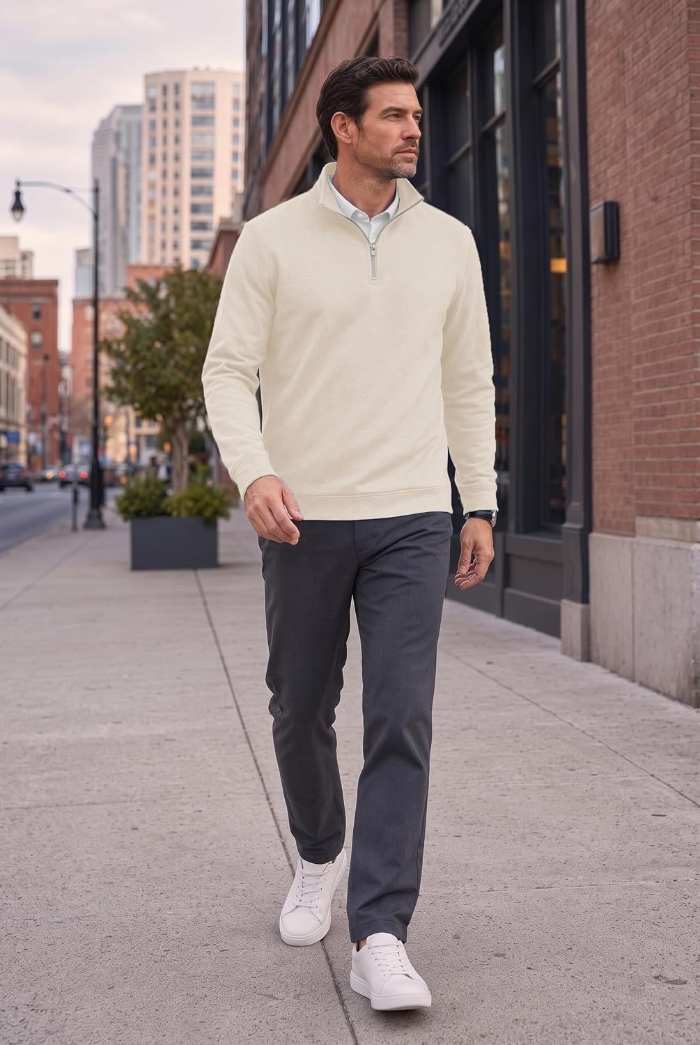 image:imageCOOFANDY Mens Quarter Zip Pullover Fleece Sweatshirt with Zipper PocketsCream