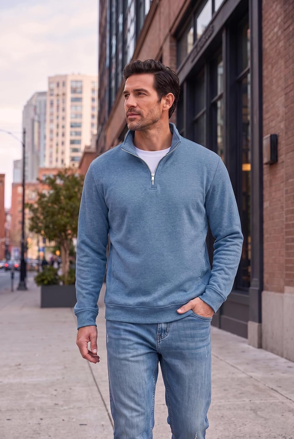 image:imageCOOFANDY Mens Quarter Zip Pullover Fleece Sweatshirt with Zipper PocketsDenim Blue