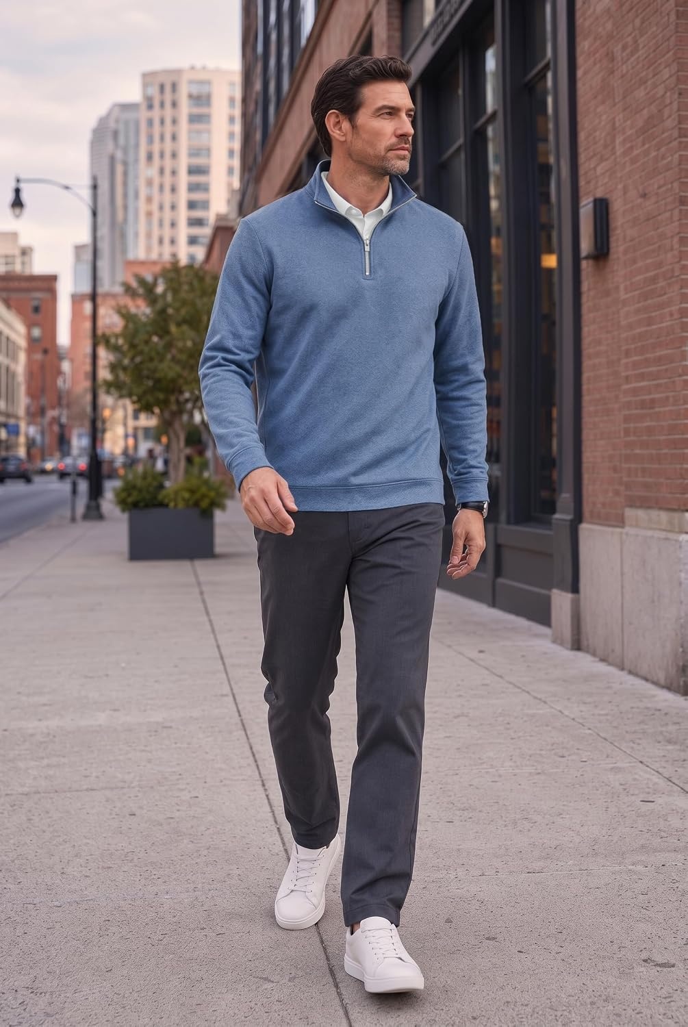 image:imageCOOFANDY Mens Quarter Zip Pullover Fleece Sweatshirt with Zipper PocketsDenim Blue