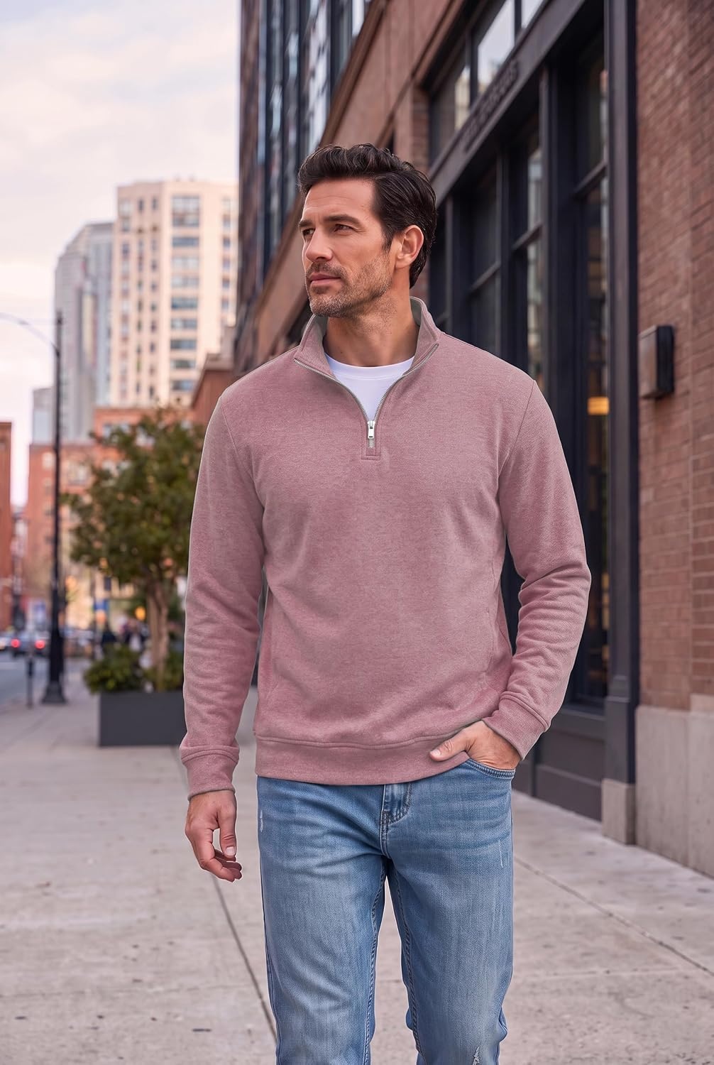 image:imageCOOFANDY Mens Quarter Zip Pullover Fleece Sweatshirt with Zipper PocketsDusty Rose
