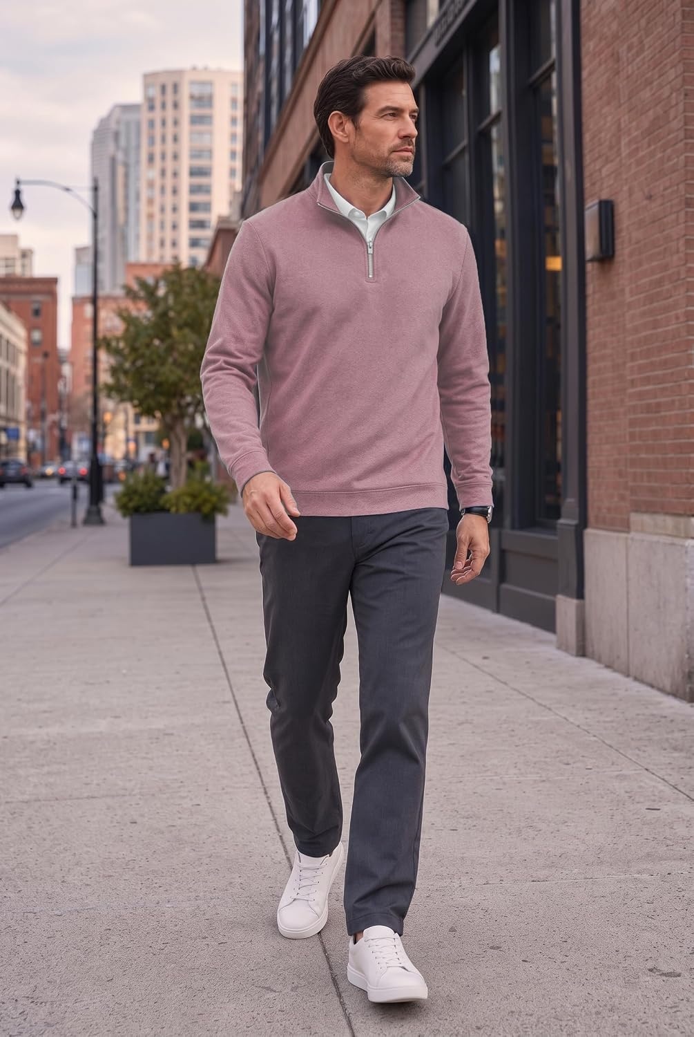 image:imageCOOFANDY Mens Quarter Zip Pullover Fleece Sweatshirt with Zipper PocketsDusty Rose
