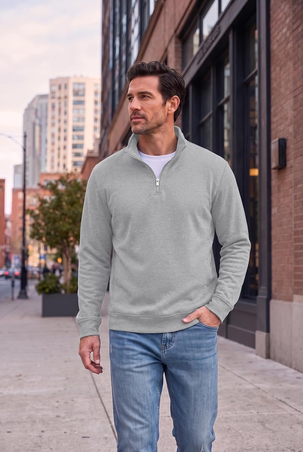 image:imageCOOFANDY Mens Quarter Zip Pullover Fleece Sweatshirt with Zipper PocketsLight Grey