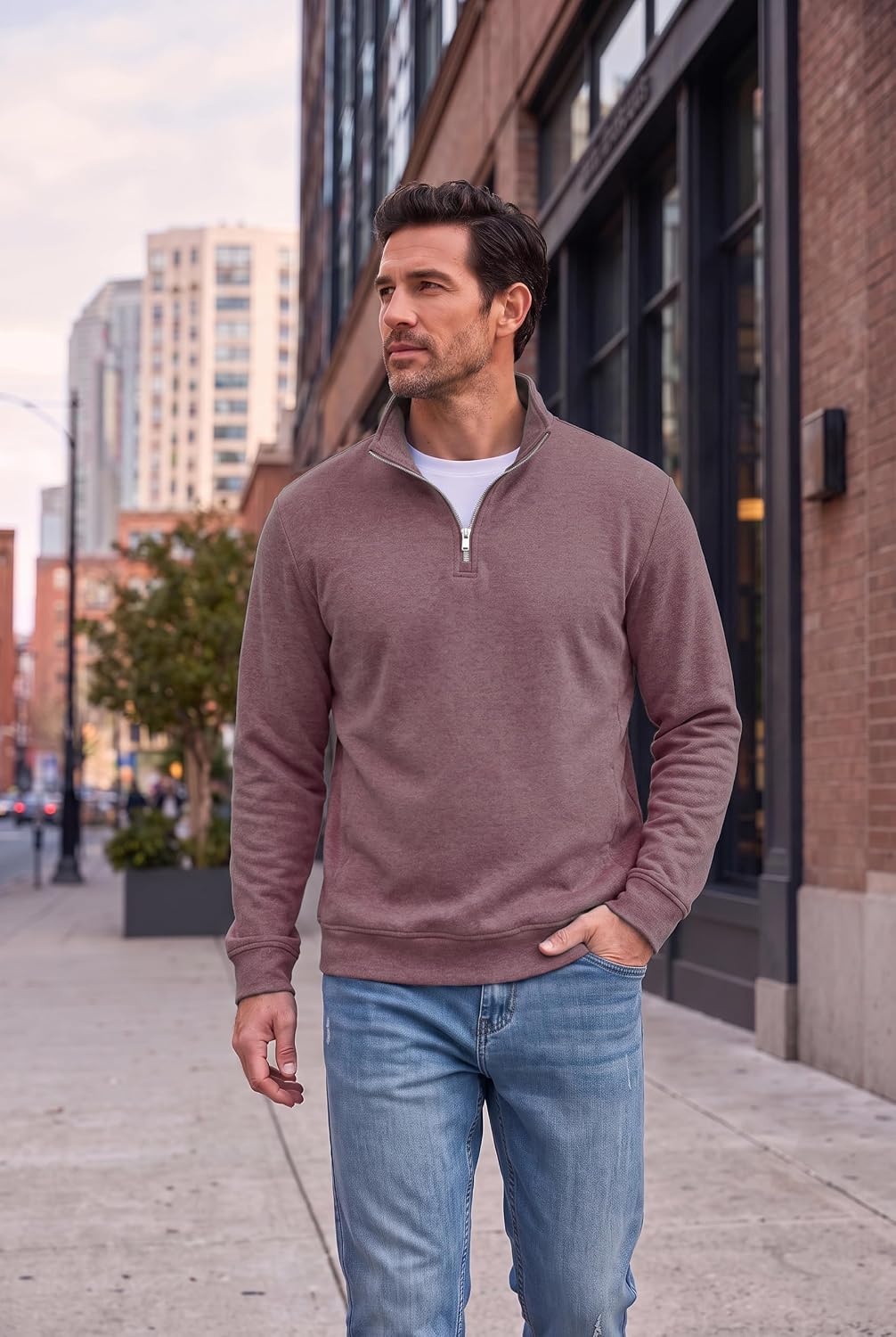 image:imageCOOFANDY Mens Quarter Zip Pullover Fleece Sweatshirt with Zipper PocketsMauve