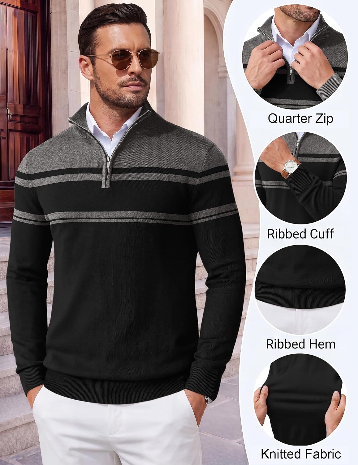 image:imageCOOFANDY Mens Quarter Zip Up Sweaters Slim Fit Lightweight Mock PulloverBlack Dark Heather Grey