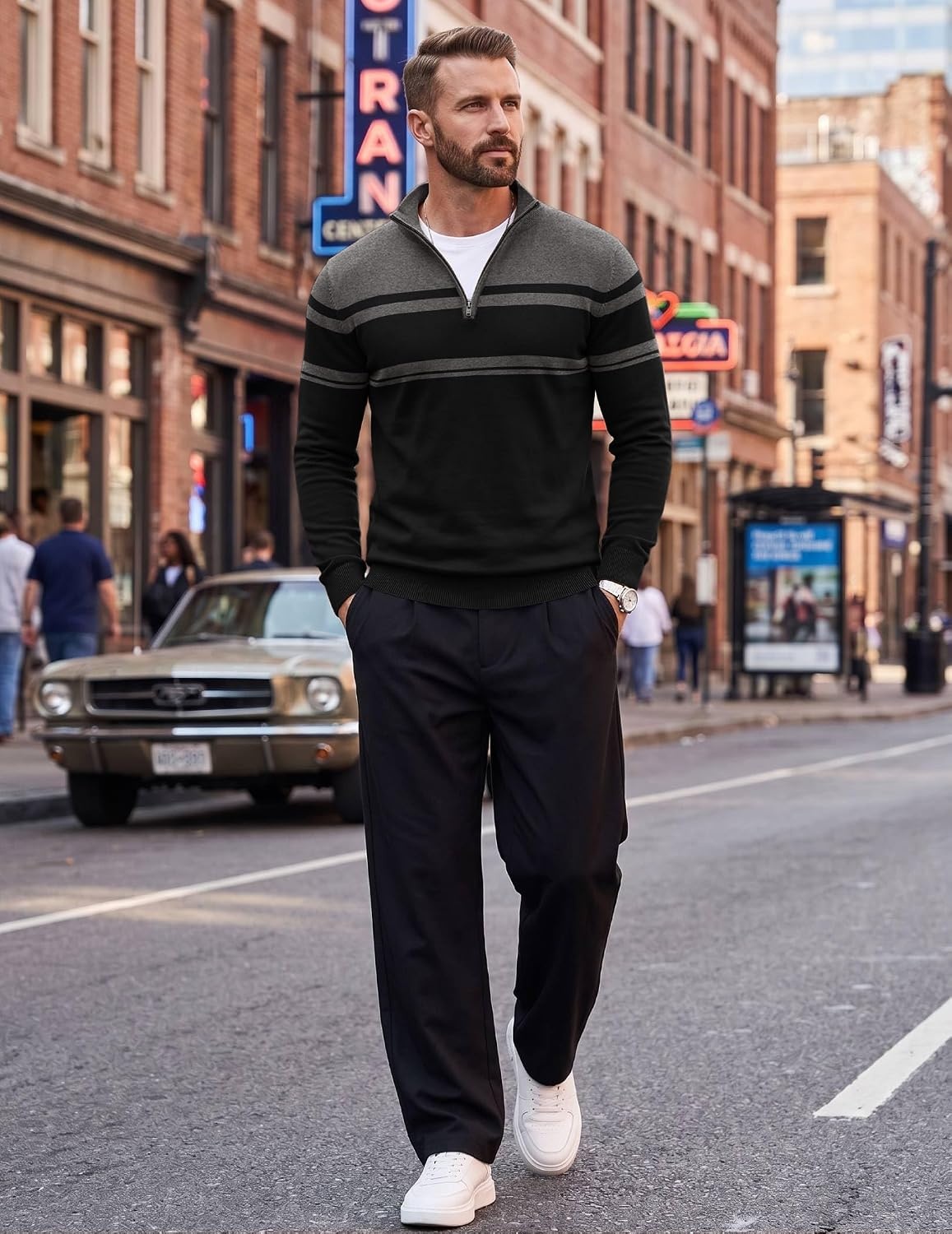 image:imageCOOFANDY Mens Quarter Zip Up Sweaters Slim Fit Lightweight Mock PulloverBlack Dark Heather Grey