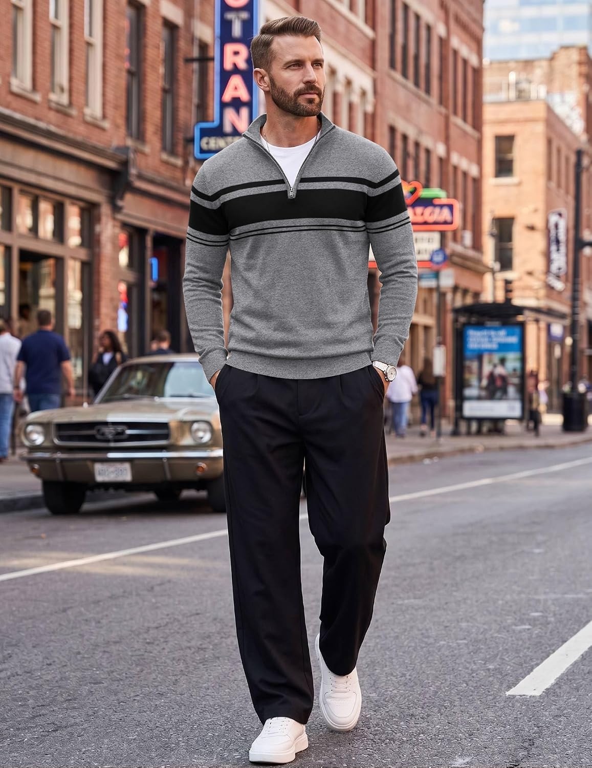 image:imageCOOFANDY Mens Quarter Zip Up Sweaters Slim Fit Lightweight Mock PulloverBlack Heather Grey