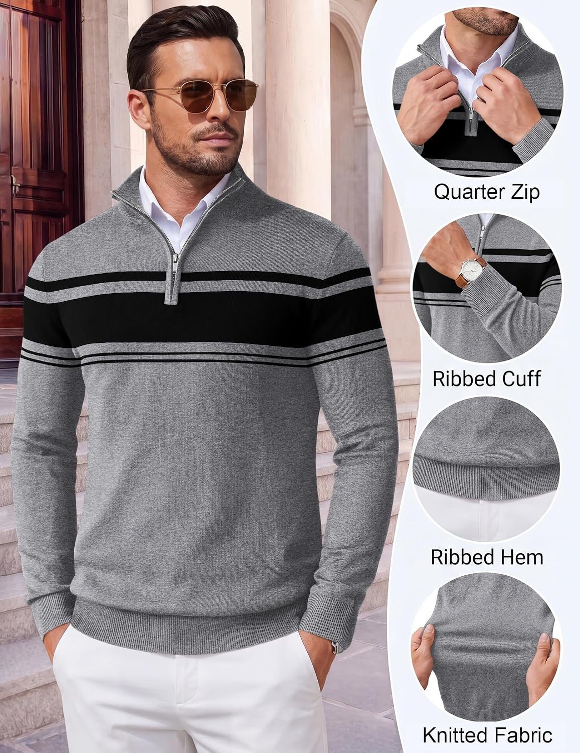 image:imageCOOFANDY Mens Quarter Zip Up Sweaters Slim Fit Lightweight Mock PulloverBlack Heather Grey