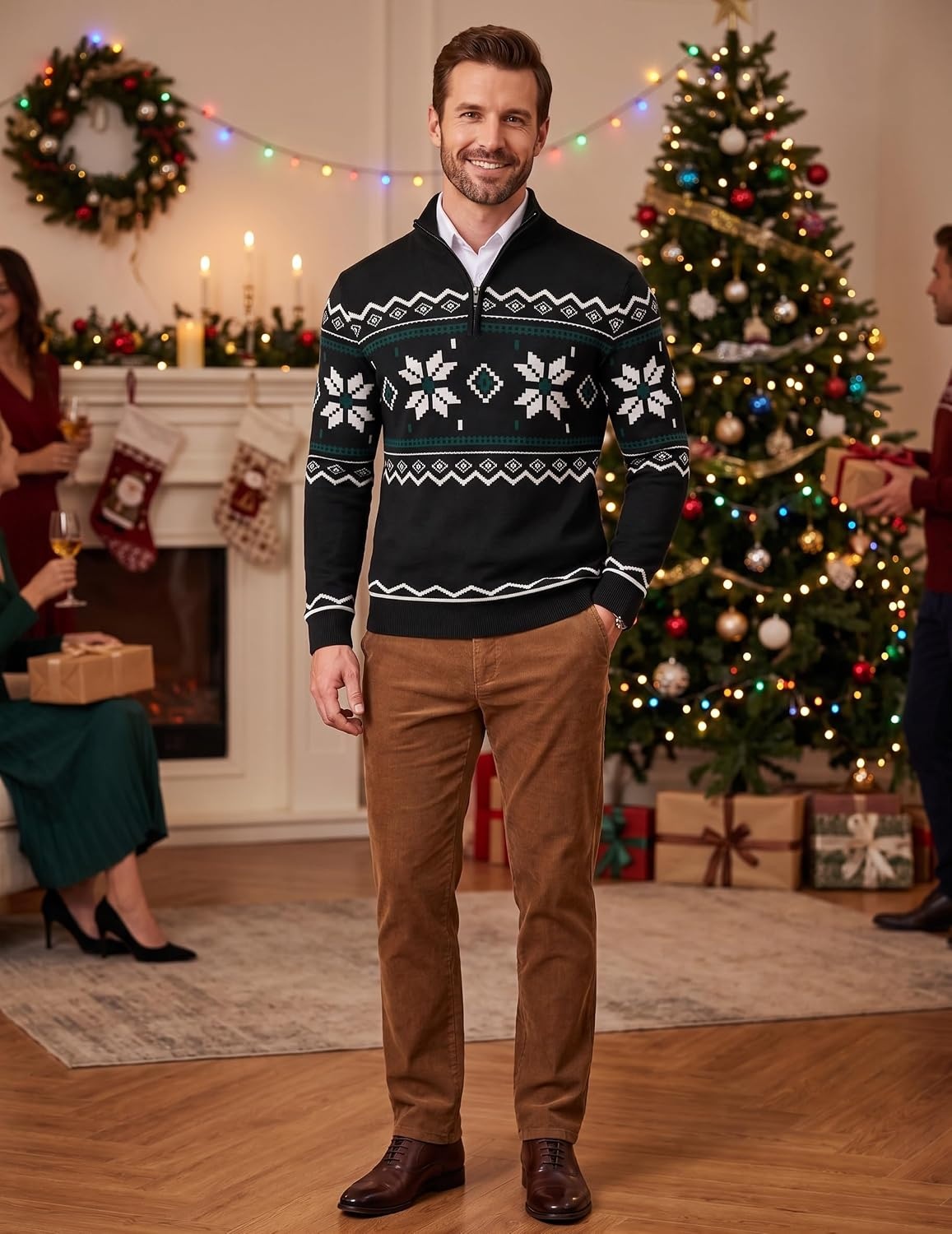 image:imageCOOFANDY Mens Quarter Zip Up Sweaters Slim Fit Lightweight Mock PulloverBlack White Green Pattern