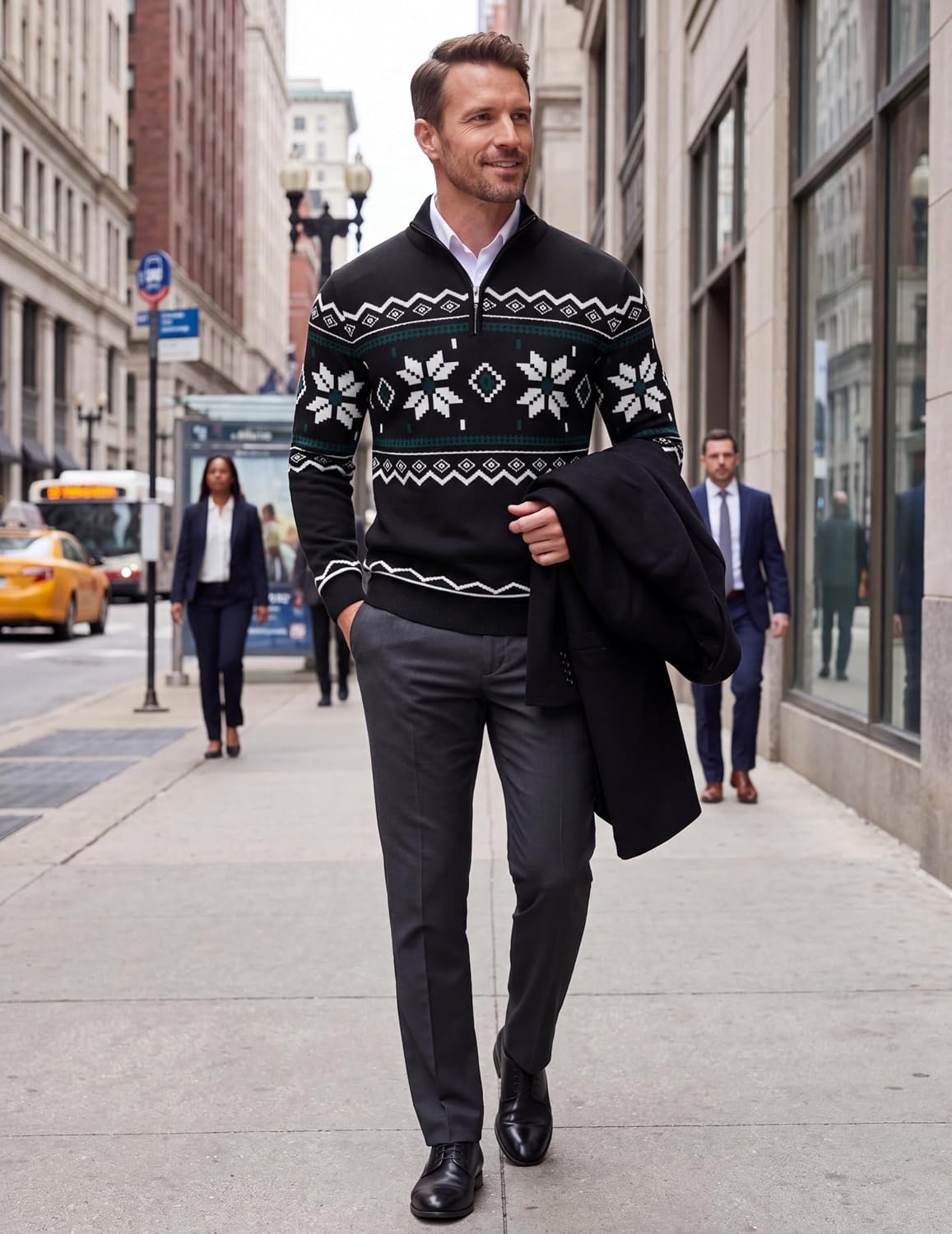 image:imageCOOFANDY Mens Quarter Zip Up Sweaters Slim Fit Lightweight Mock PulloverBlack White Green Pattern